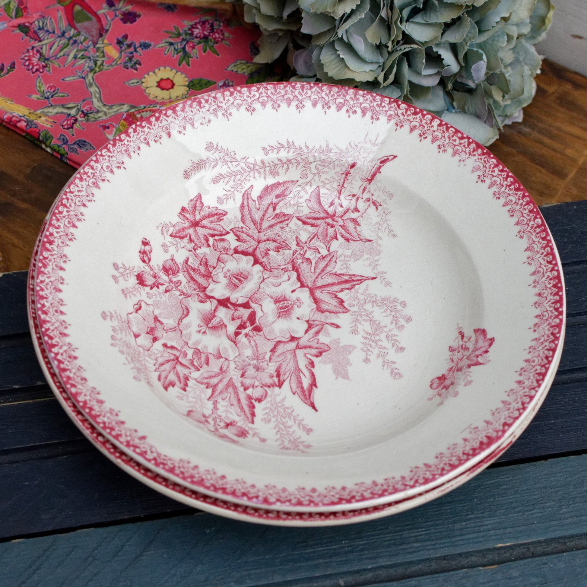 French Ironstone Red Transferware Soup Plate Eglantines ONNAING terre de fer en faience