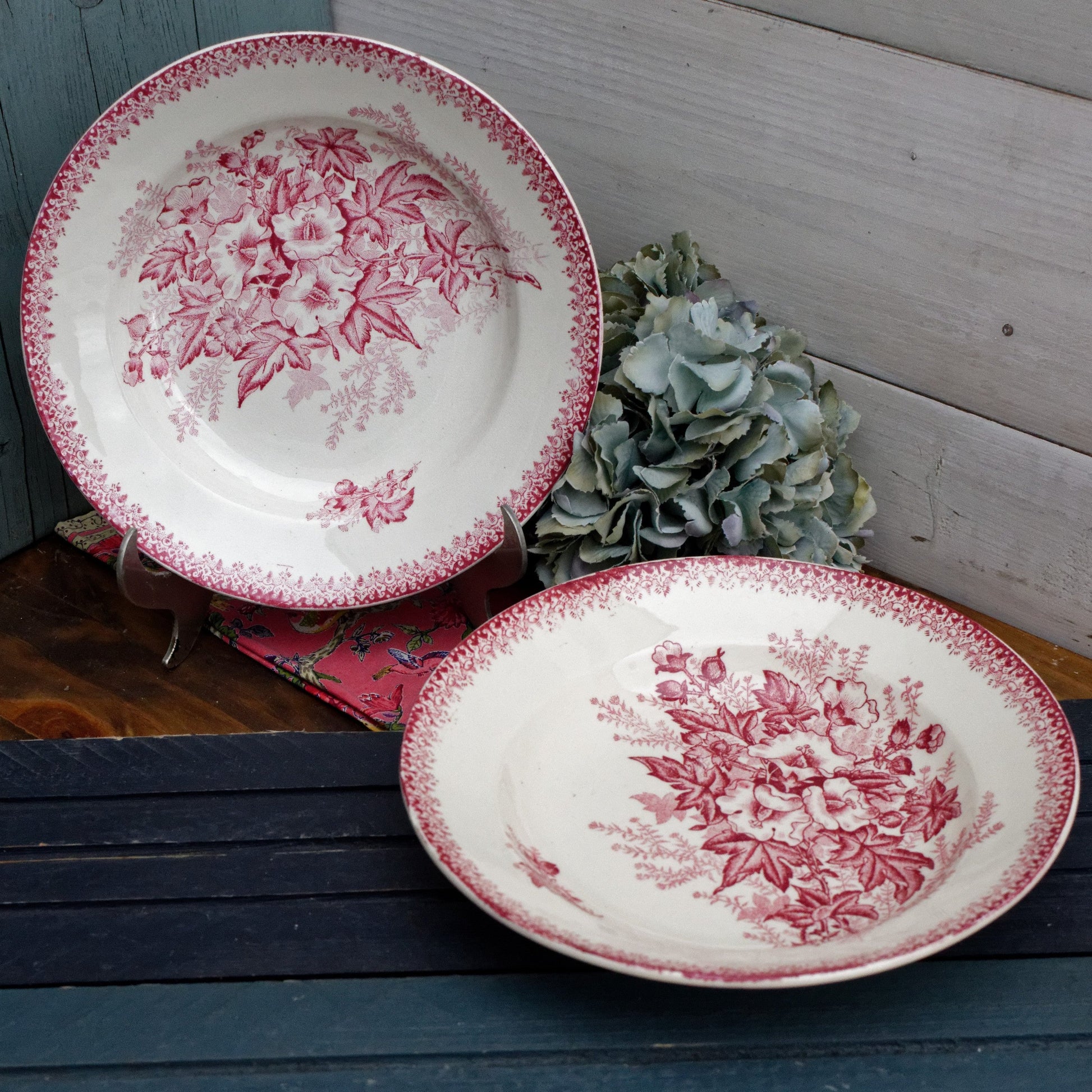 French Ironstone Red Transferware Soup Plate Eglantines ONNAING terre de fer en faience