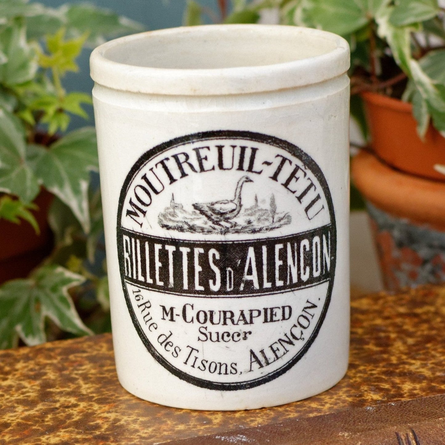 French Antique Stoneware RILETTES Pot Jar MOUTREUIL-TETU Rilettes D'Alencon M. Courapied Succr 16 Rue des Tisons Glazed Sandstone Terre Cuite