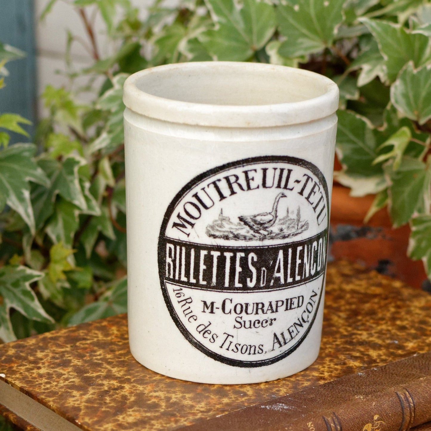 French Antique Stoneware RILETTES Pot Jar MOUTREUIL-TETU Rilettes D'Alencon M. Courapied Succr 16 Rue des Tisons Glazed Sandstone Terre Cuite