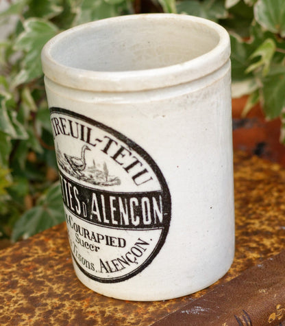 French Antique Stoneware RILETTES Pot Jar MOUTREUIL-TETU Rilettes D'Alencon M. Courapied Succr 16 Rue des Tisons Glazed Sandstone Terre Cuite