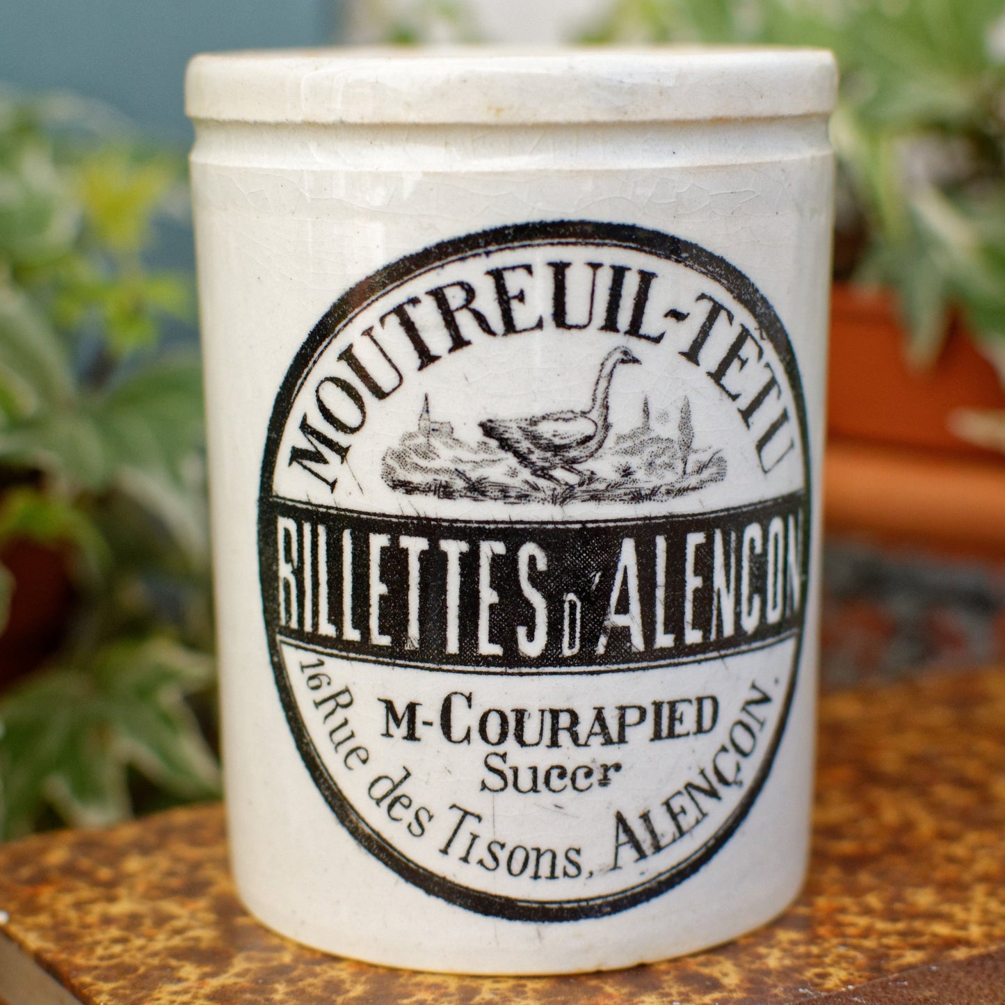 French Antique Stoneware RILETTES Pot Jar MOUTREUIL-TETU Rilettes D'Alencon M. Courapied Succr 16 Rue des Tisons Glazed Sandstone Terre Cuite