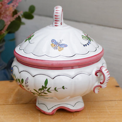 French Vintage Hand-Painted Faience Collectible Earthenware Covered Mini Serving Piece Faiencerie Artisanale Roullet Renoleau Basse St Genis d'Hiersac Charente