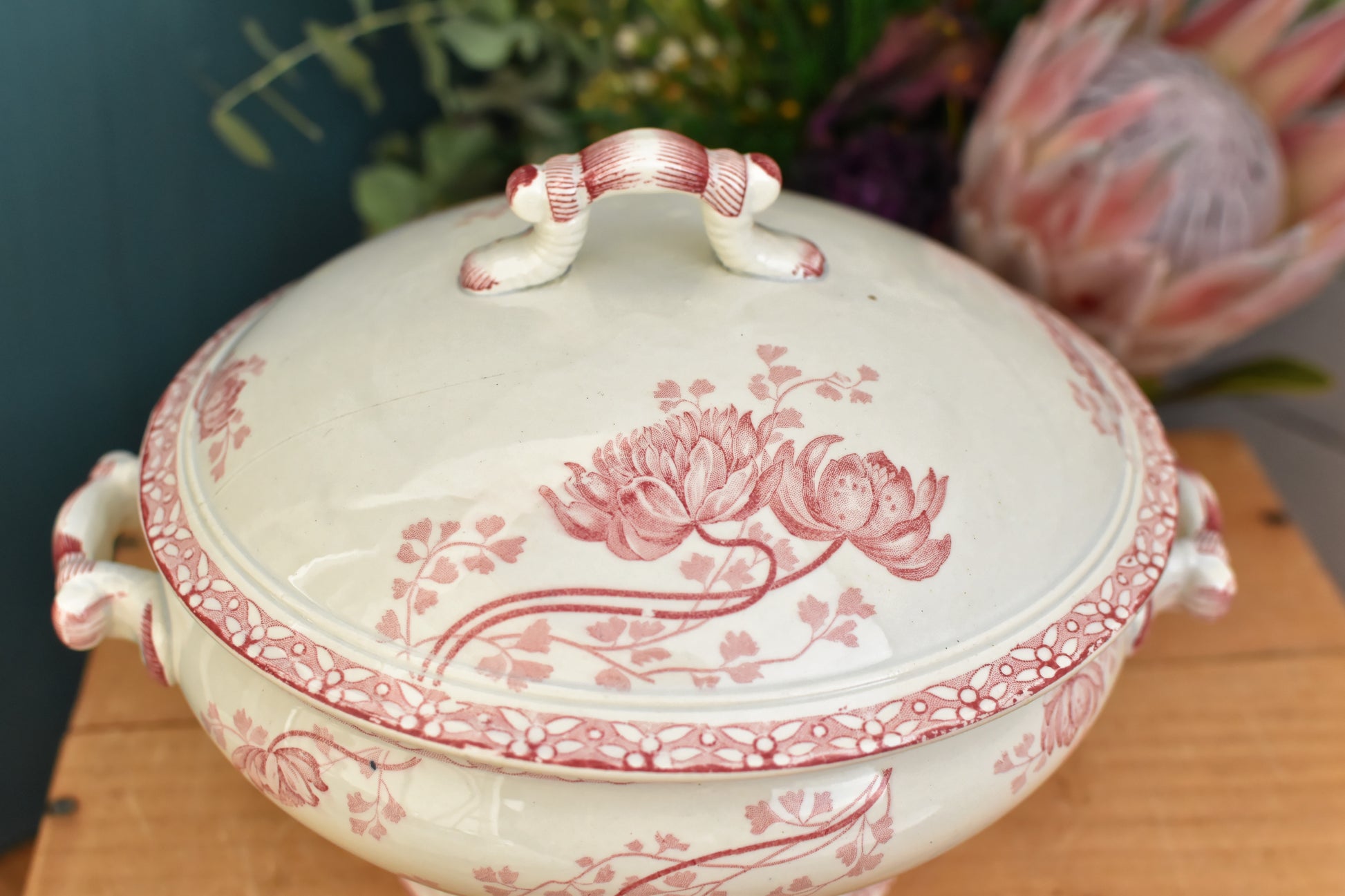 ROYAT Sarreguemines U&C French Antique Ironstone Red Transferware Soup Tureen Soupiere Terre de Fer