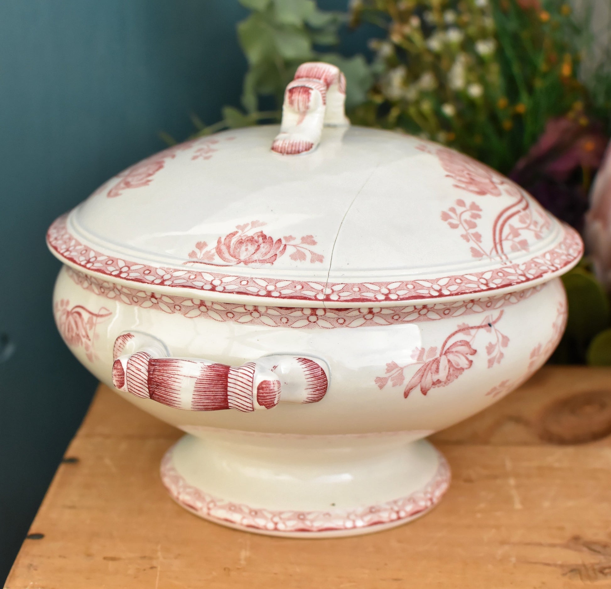 ROYAT Sarreguemines U&C French Antique Ironstone Red Transferware Soup Tureen Soupiere Terre de Fer