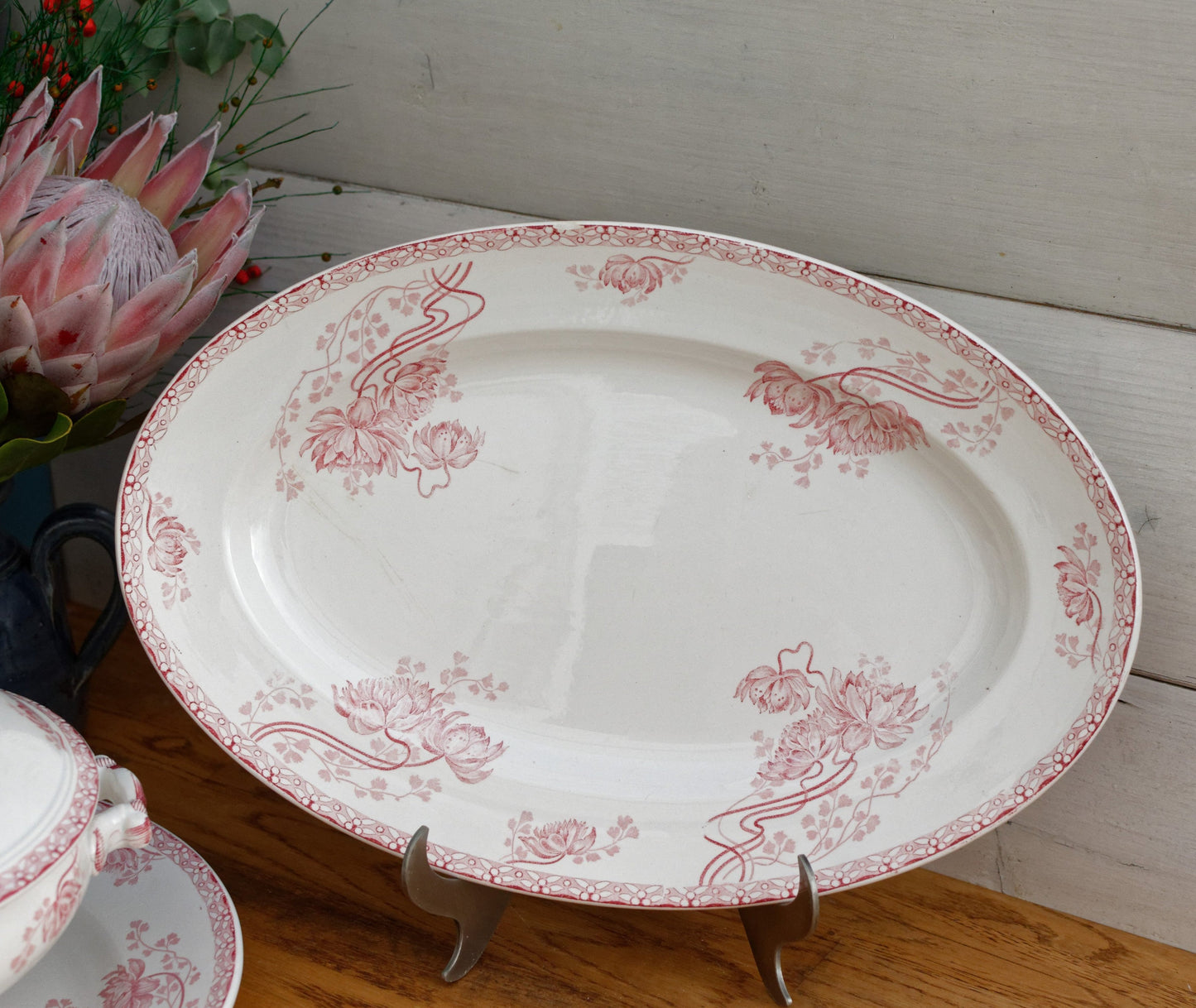 ROYAT Motif Sarreguemines U&C French Antique Ironstone Red Transferware Serving Plate Bowl Terre de Fer Faience