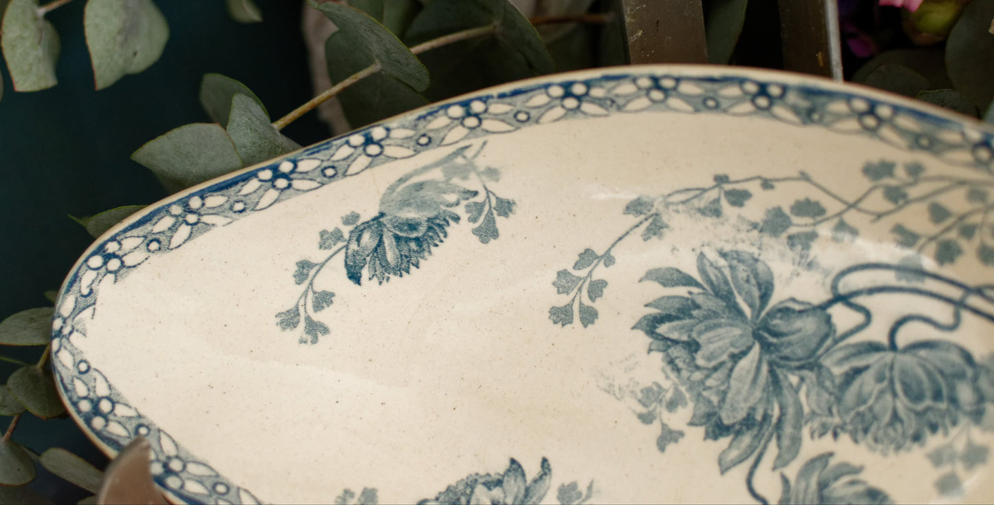"ROYAT" Motif Sarreguemines U&C French Antique Ironstone Blue Transferware Small Oval Serving Plate "RAVIER" Terre de Fer en Faience