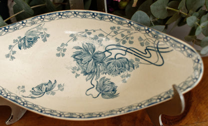 "ROYAT" Motif Sarreguemines U&C French Antique Ironstone Blue Transferware Small Oval Serving Plate "RAVIER" Terre de Fer en Faience