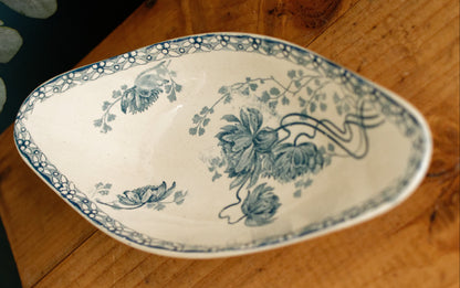 "ROYAT" Motif Sarreguemines U&C French Antique Ironstone Blue Transferware Small Oval Serving Plate "RAVIER" Terre de Fer en Faience