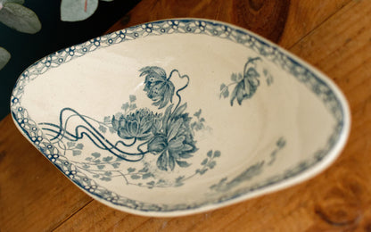 "ROYAT" Motif Sarreguemines U&C French Antique Ironstone Blue Transferware Small Oval Serving Plate "RAVIER" Terre de Fer en Faience