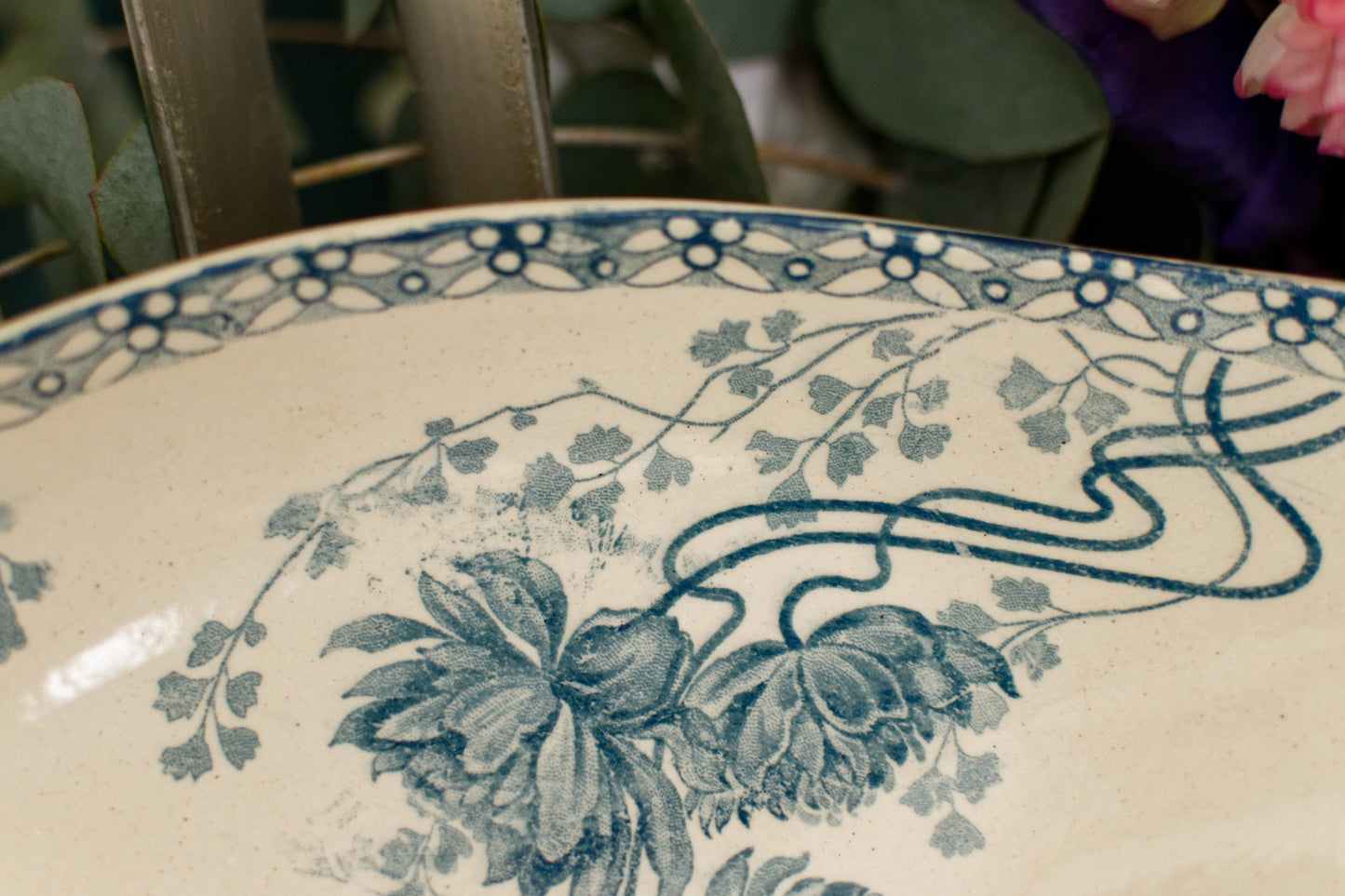 "ROYAT" Motif Sarreguemines U&C French Antique Ironstone Blue Transferware Small Oval Serving Plate "RAVIER" Terre de Fer en Faience