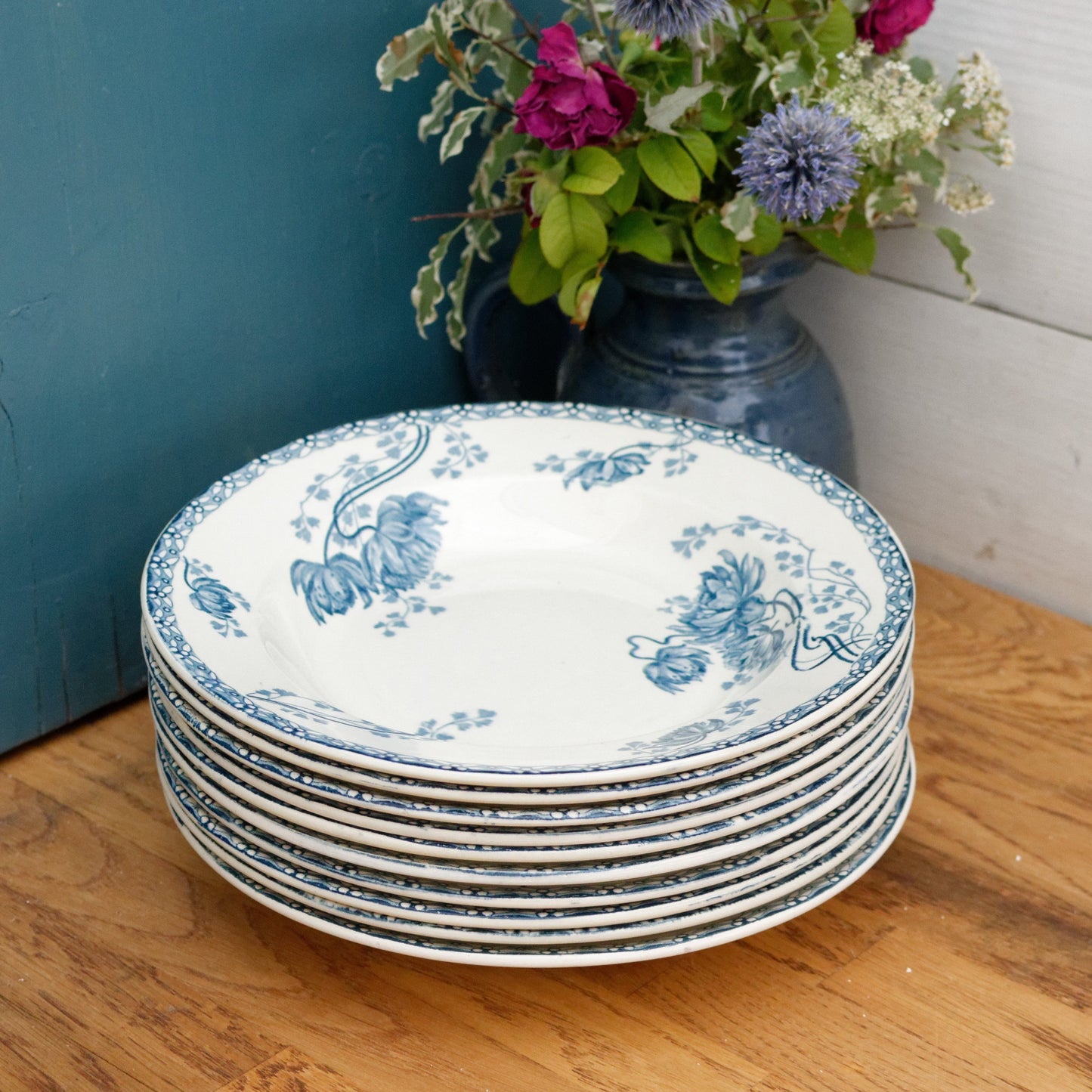 Royat Sarreguemines U&C French Antique Ironstone Blue transferware Soup Plate Terre de Fer Faience