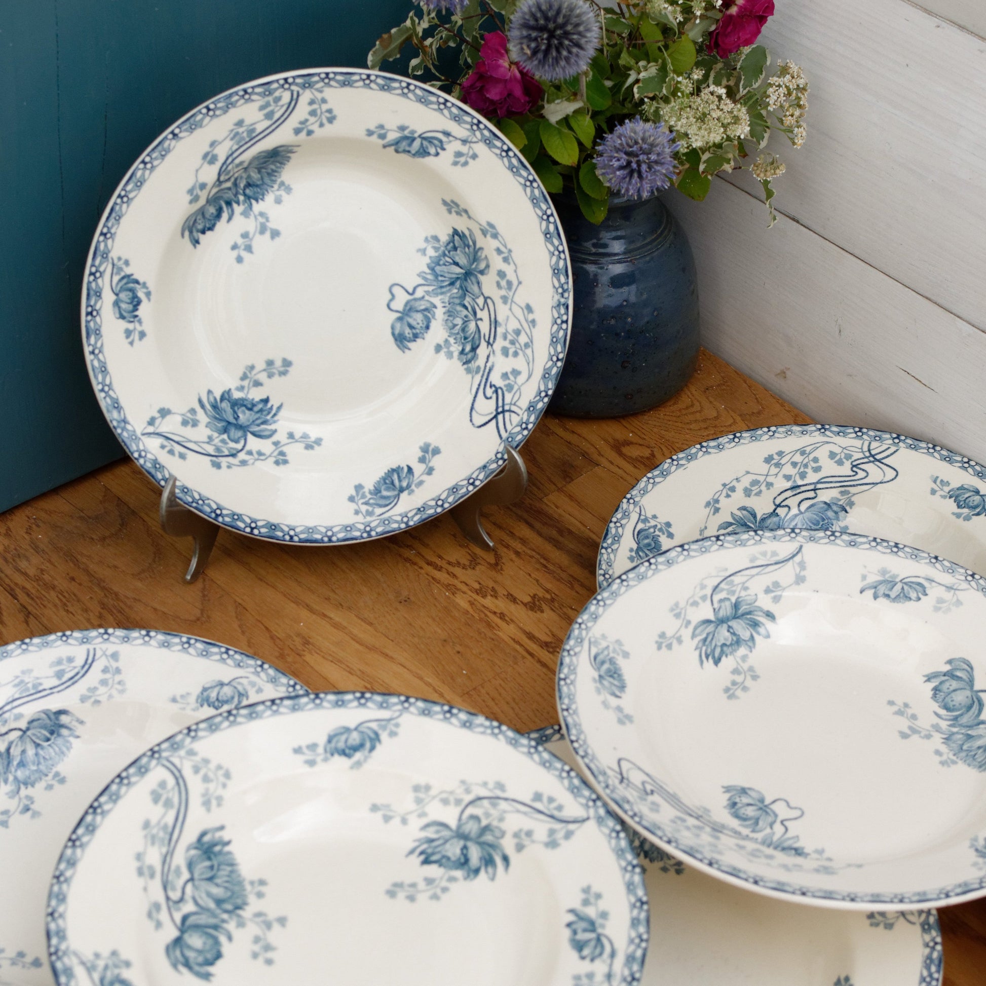  
Royat Sarreguemines U&C French Antique Ironstone Blue transferware Soup Plate Terre de Fer Faience
