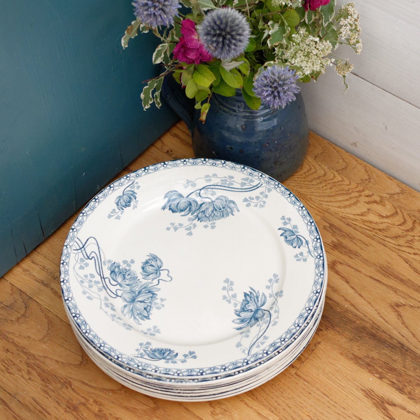 Royat Sarreguemines U&C French Antique Ironstone Blue transferware Dinner Plate Terre de Fer Faience