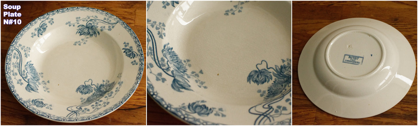 ROYAT SARREGUEMINES U&C French Antique Ironstone Blue Transferware Soup Terre de Fer Faience