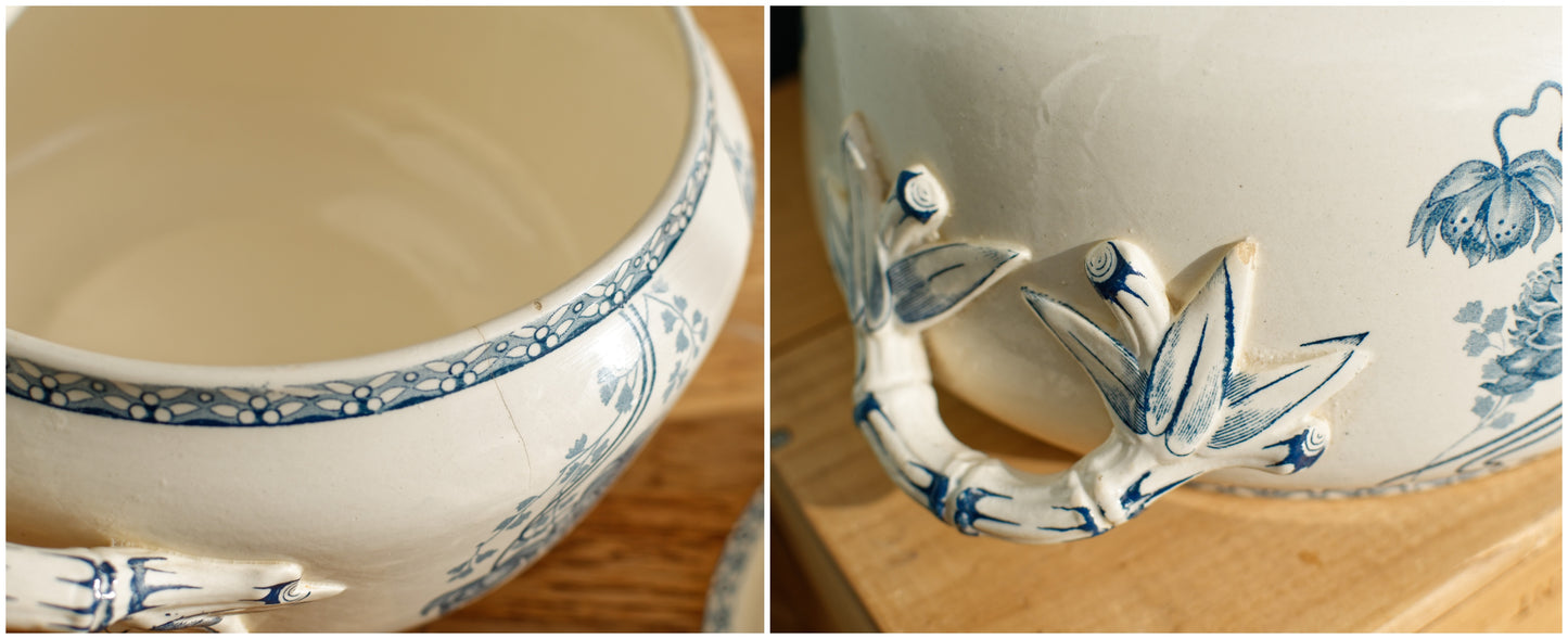 Royat Motif Sarreguemines U&C French Antique Ironstone Blue transferware Soup Tureen Soupiere Ter de Fer en faience