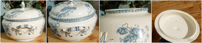 Royat Motif Sarreguemines U&C French Antique Ironstone Blue transferware Soup Tureen Soupiere Ter de Fer en faience