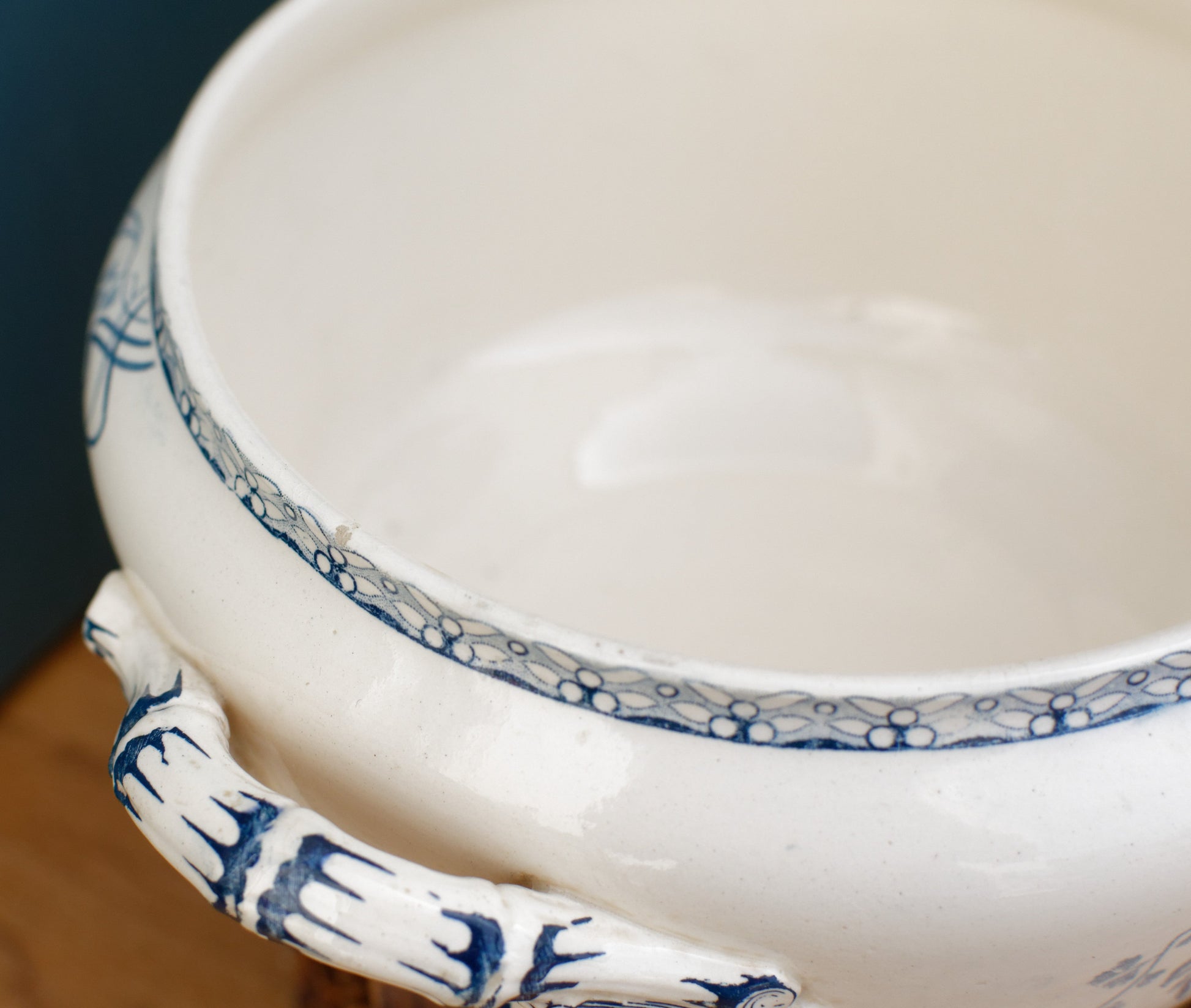 ROYAT Sarreguemines U&C French Antique Ironstone Blue Transferware Serving Bowl with Handles Terre de Fer