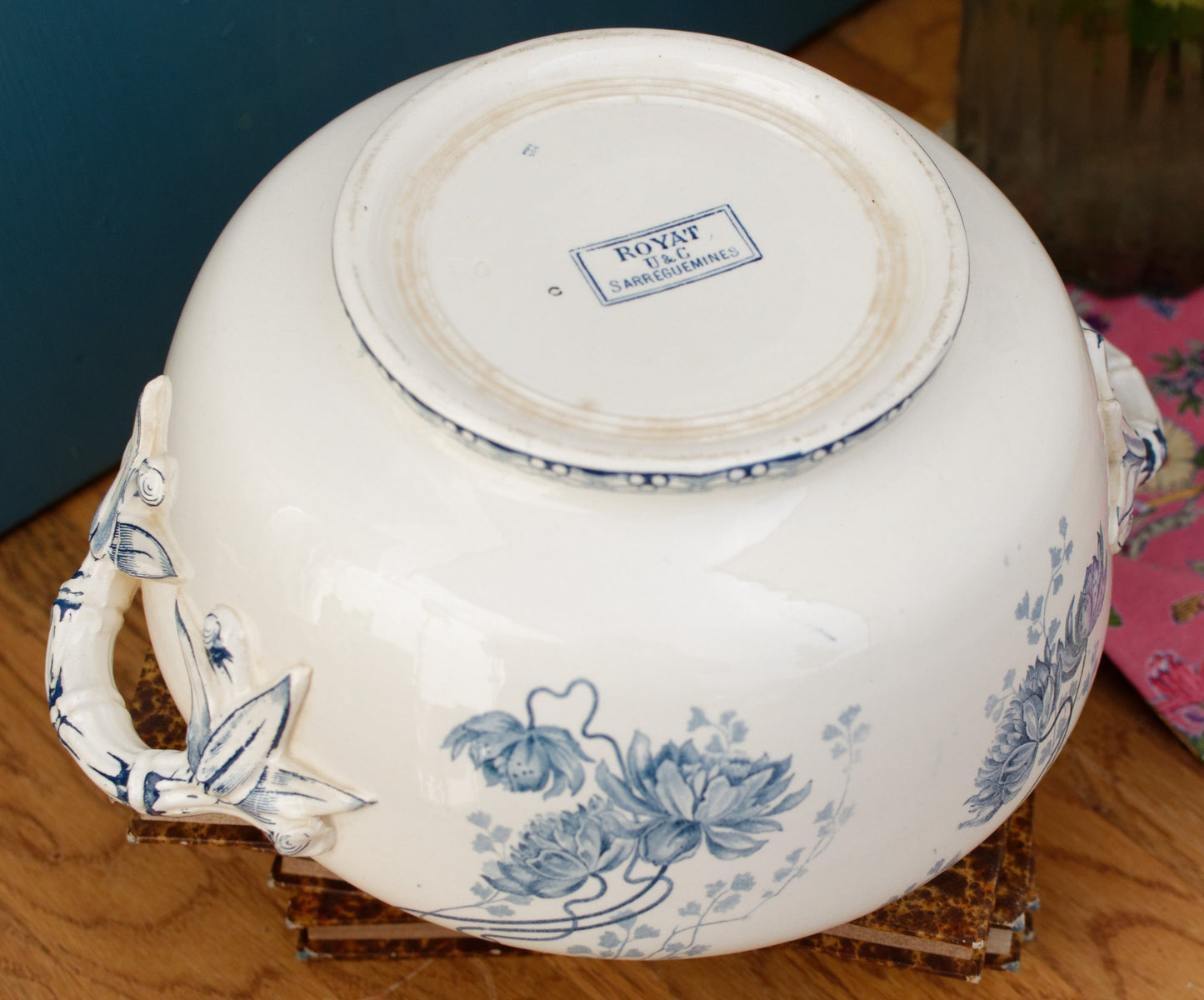 ROYAT Sarreguemines U&C French Antique Ironstone Blue Transferware Serving Bowl with Handles Terre de Fer