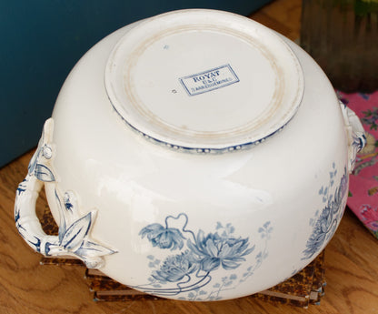 ROYAT Sarreguemines U&C French Antique Ironstone Blue Transferware Serving Bowl with Handles Terre de Fer