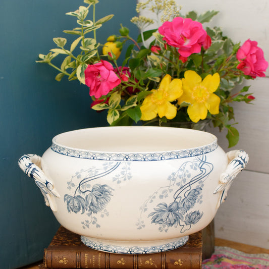 ROYAT Sarreguemines U&C French Antique Ironstone Blue Transferware Serving Bowl with Handles Terre de Fer