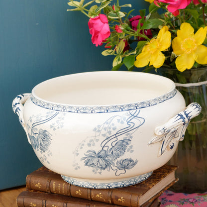 ROYAT Sarreguemines U&C French Antique Ironstone Blue Transferware Serving Bowl with Handles Terre de Fer