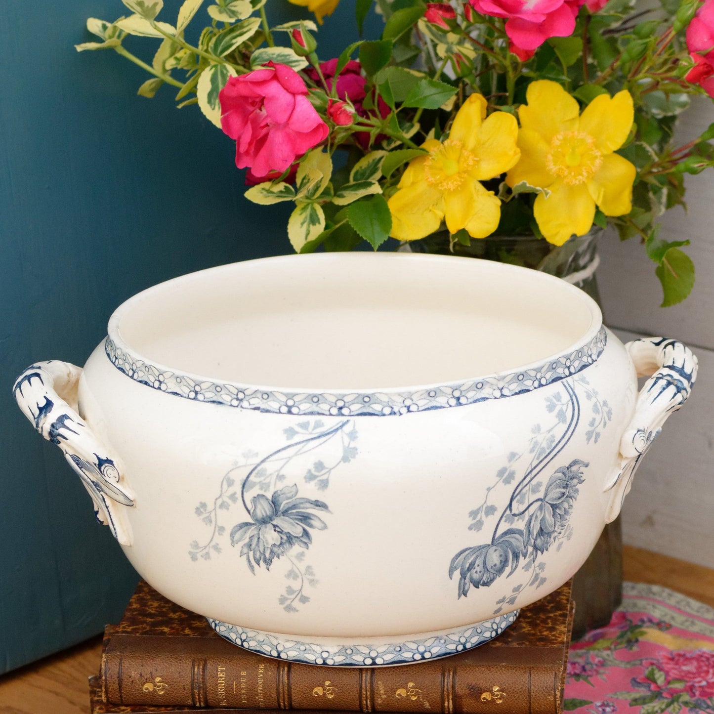 ROYAT Sarreguemines U&C French Antique Ironstone Blue Transferware Serving Bowl with Handles Terre de Fer