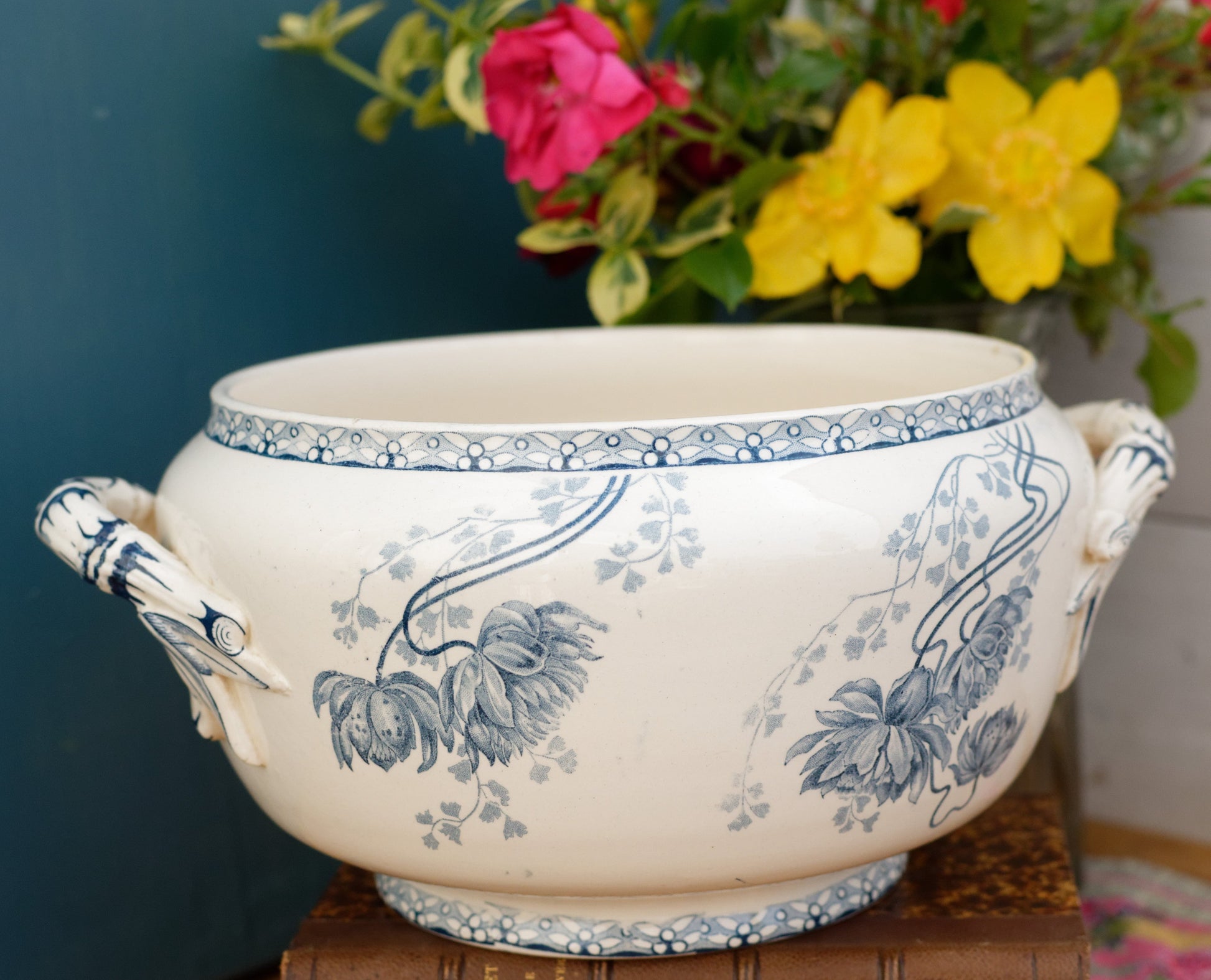 ROYAT Sarreguemines U&C French Antique Ironstone Blue Transferware Serving Bowl with Handles Terre de Fer