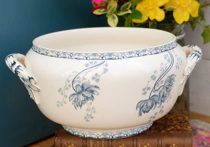 ROYAT Sarreguemines U&C French Antique Ironstone Blue Transferware Serving Bowl with Handles Terre de Fer