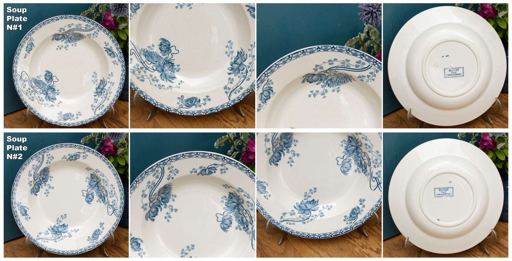 Royat Sarreguemines U&C French Antique Ironstone Blue transferware Soup Plate Terre de Fer Faience