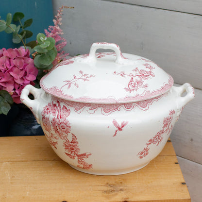 SOLEIL LONGWY French Antique Ironstone Red Transferware Soup Tureen "Soupiere" Terre de Fer Faience