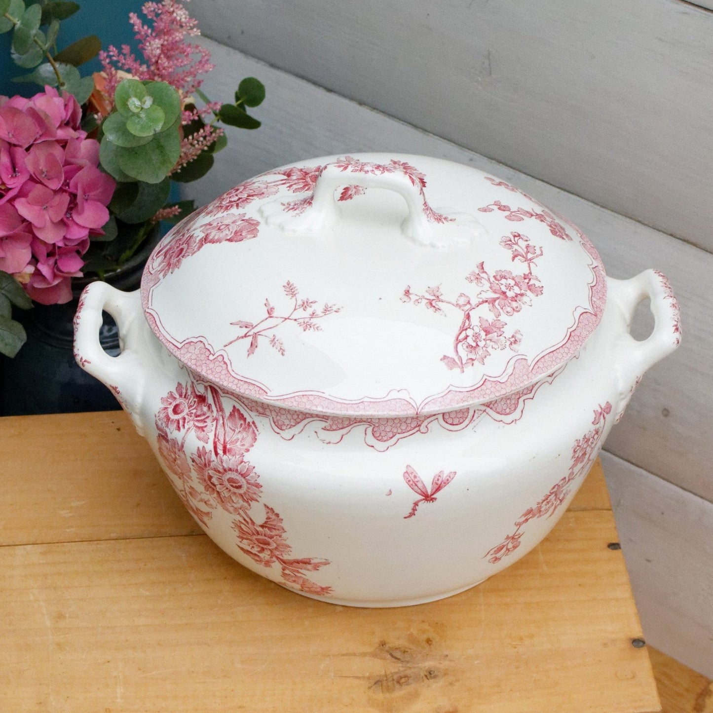 SOLEIL LONGWY French Antique Ironstone Red Transferware Soup Tureen "Soupiere" Terre de Fer 