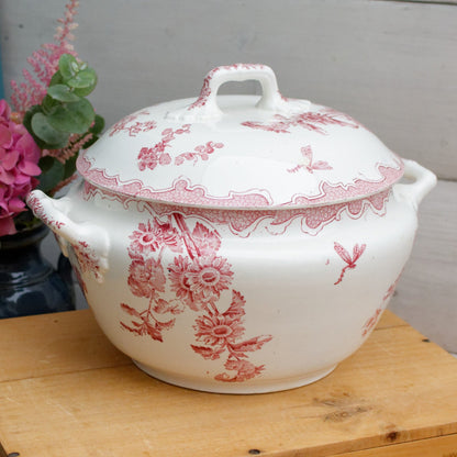 SOLEIL LONGWY French Antique Ironstone Red Transferware Soup Tureen "Soupiere" Terre de Fer 