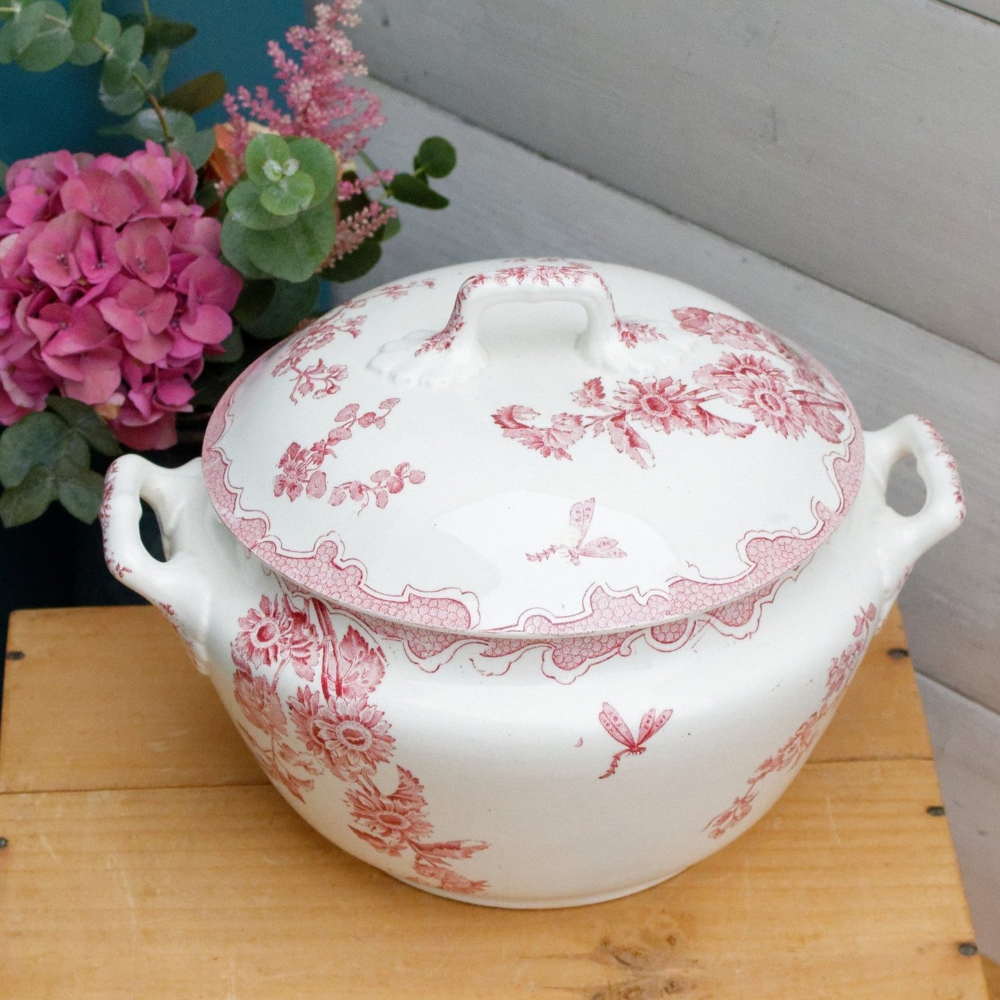 SOLEIL LONGWY French Antique Ironstone Red Transferware Soup Tureen "Soupiere" Terre de Fer 