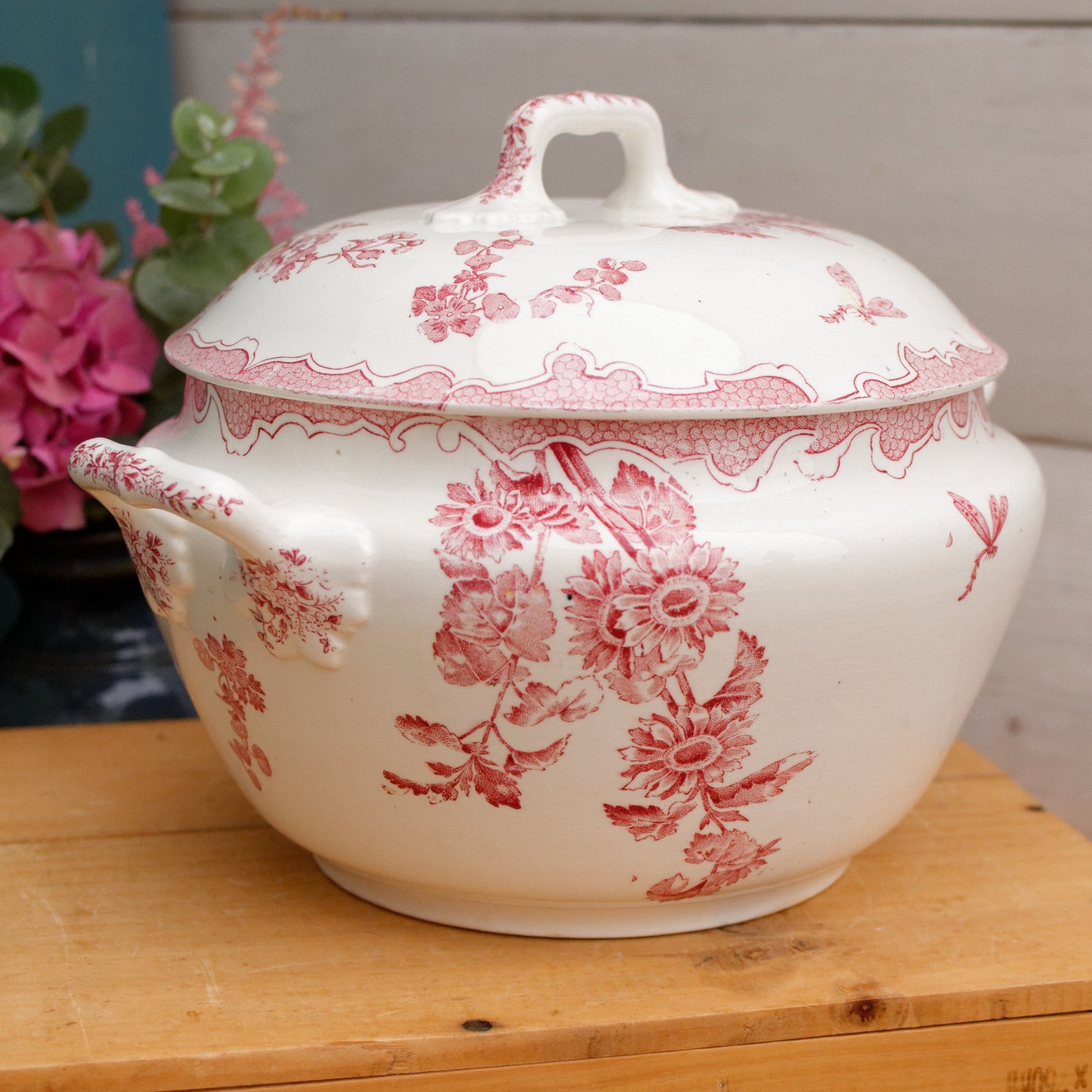 SOLEIL LONGWY French Antique Ironstone Red Transferware Soup Tureen "Soupiere" Terre de Fer 