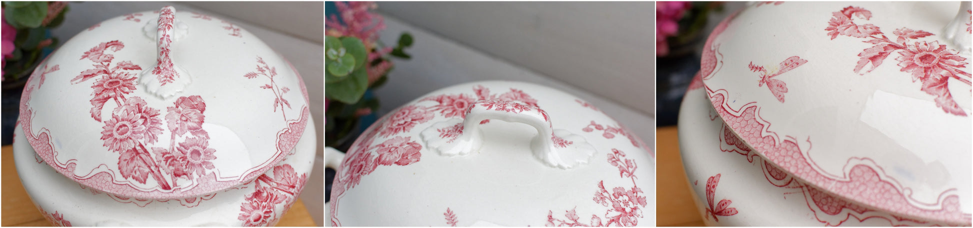 SOLEIL LONGWY French Antique Ironstone Red Transferware Soup Tureen "Soupiere" Terre de Fer 