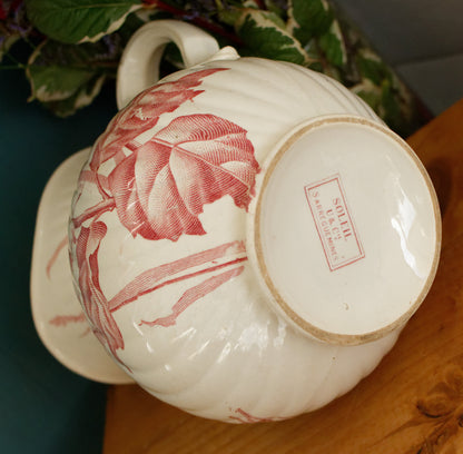 SOLIEL Sarreguemines U&C French Antique Ironstone Red Transferware Bathroom Pitcher BROC Chambre Pot Terre de Fer en Faience