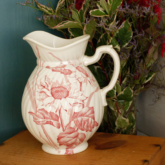 SOLIEL Sarreguemines U&C French Antique Ironstone Red Transferware Bathroom Pitcher BROC Chambre Pot Terre de Fer en Faience