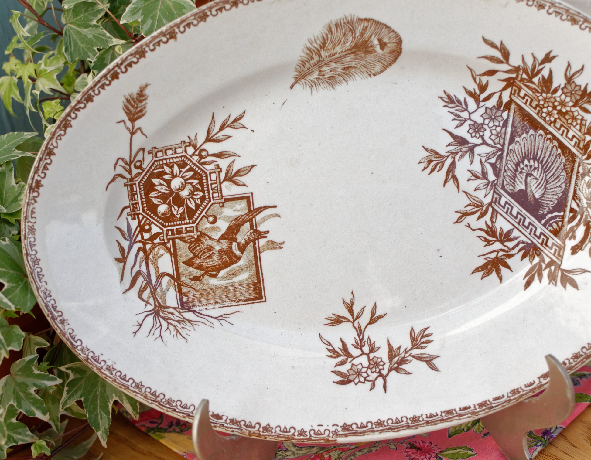 SUCCURSALE Motif Grand Depot de Porcelaine & Faiences Paris French Antique Ironstone Brown Transferware Oval Serving Plate Terre de fer Faience