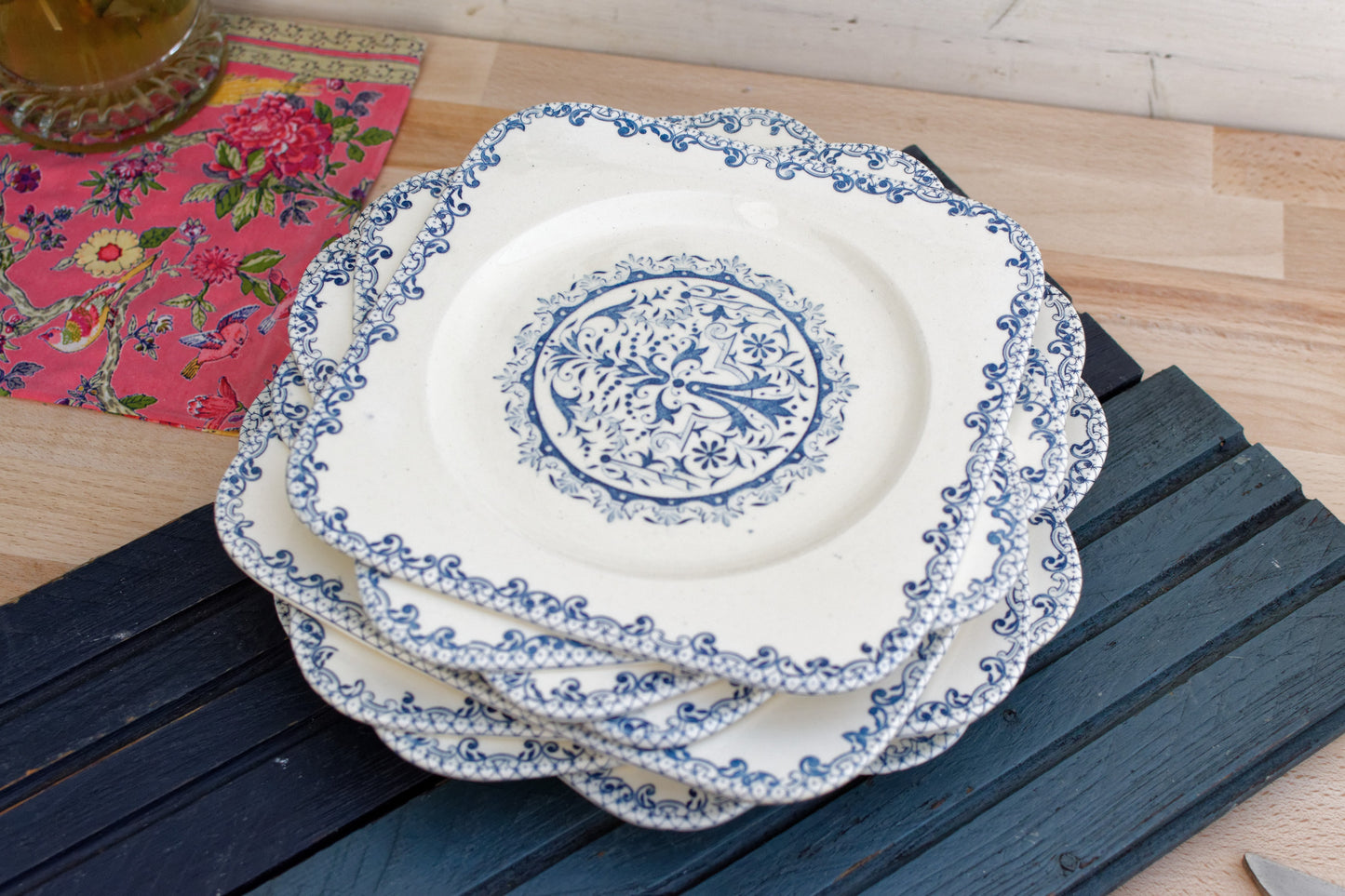 French Ironstone Blue Transferware SALINS Square Plate Terre de Fer