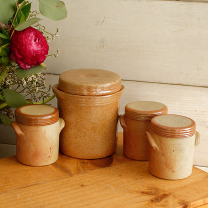 Années 1920 ~ Français Saloir ~ Pot à couvercle en grès brun antique ~ Grès glacé ~ Terre Cuite