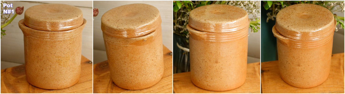 Années 1920 ~ Français Saloir ~ Pot à couvercle en grès brun antique ~ Grès glacé ~ Terre Cuite
