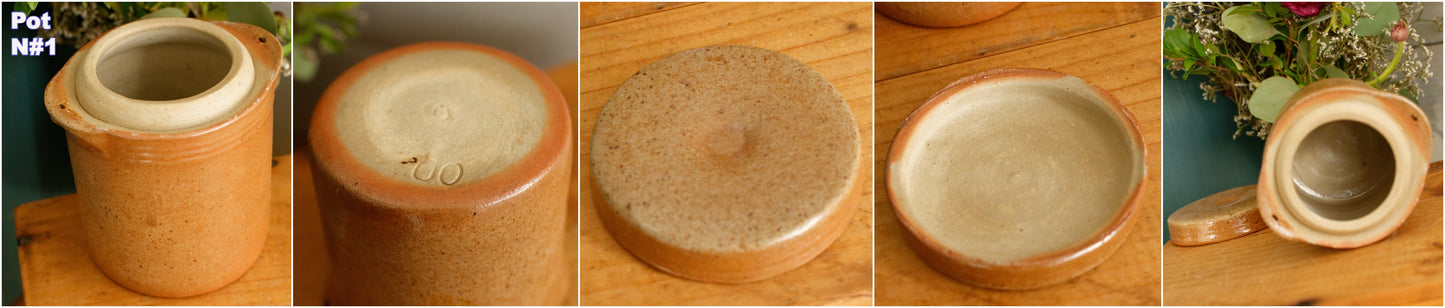 Années 1920 ~ Français Saloir ~ Pot à couvercle en grès brun antique ~ Grès glacé ~ Terre Cuite