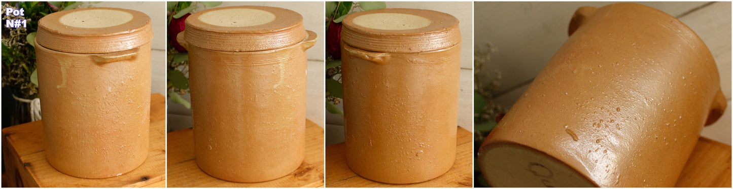 Années 1920 ~ Français Saloir ~ Pot à couvercle en grès brun antique ~ Grès glacé ~ Terre Cuite