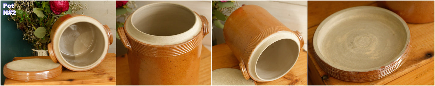 Années 1920 ~ Français Saloir ~ Pot à couvercle en grès brun antique ~ Grès glacé ~ Terre Cuite