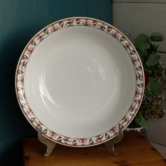 1930s ~ SARREGUEMINES Birds & Fruit ~ French Antique Ironstone Round Serving Bowl "CREUX" ~ Terre de Fer Faience