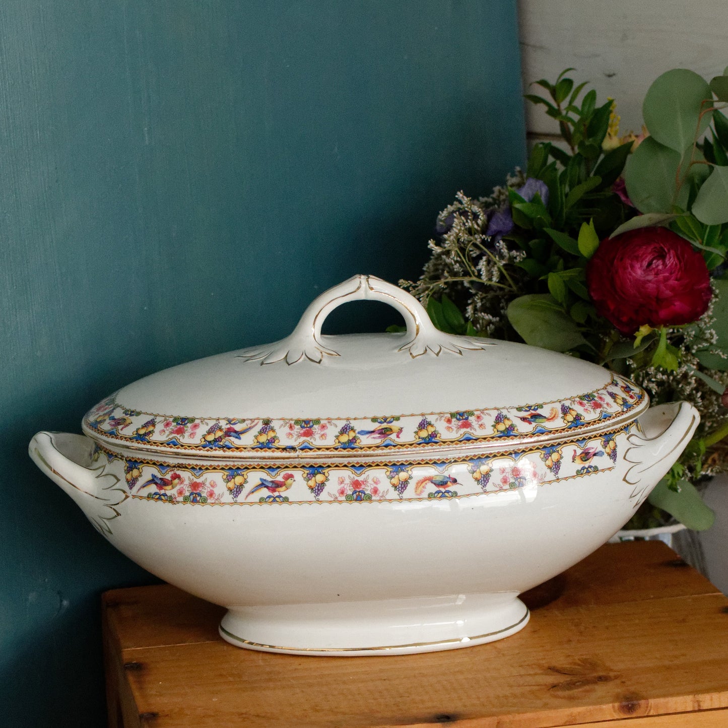 SARREGUEMINES Birds & Fruit French Antique Ironstone Soup Tureen Soupiere Terre de Fer Faience