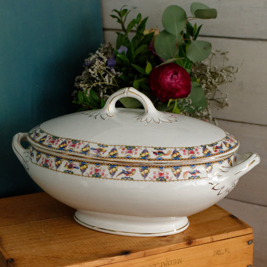 SARREGUEMINES Birds & Fruit French Antique Ironstone Soup Tureen Soupiere Terre de Fer Faience
