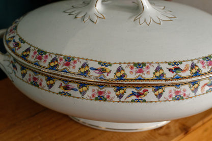 SARREGUEMINES Birds & Fruit French Antique Ironstone Soup Tureen Soupiere Terre de Fer Faience
