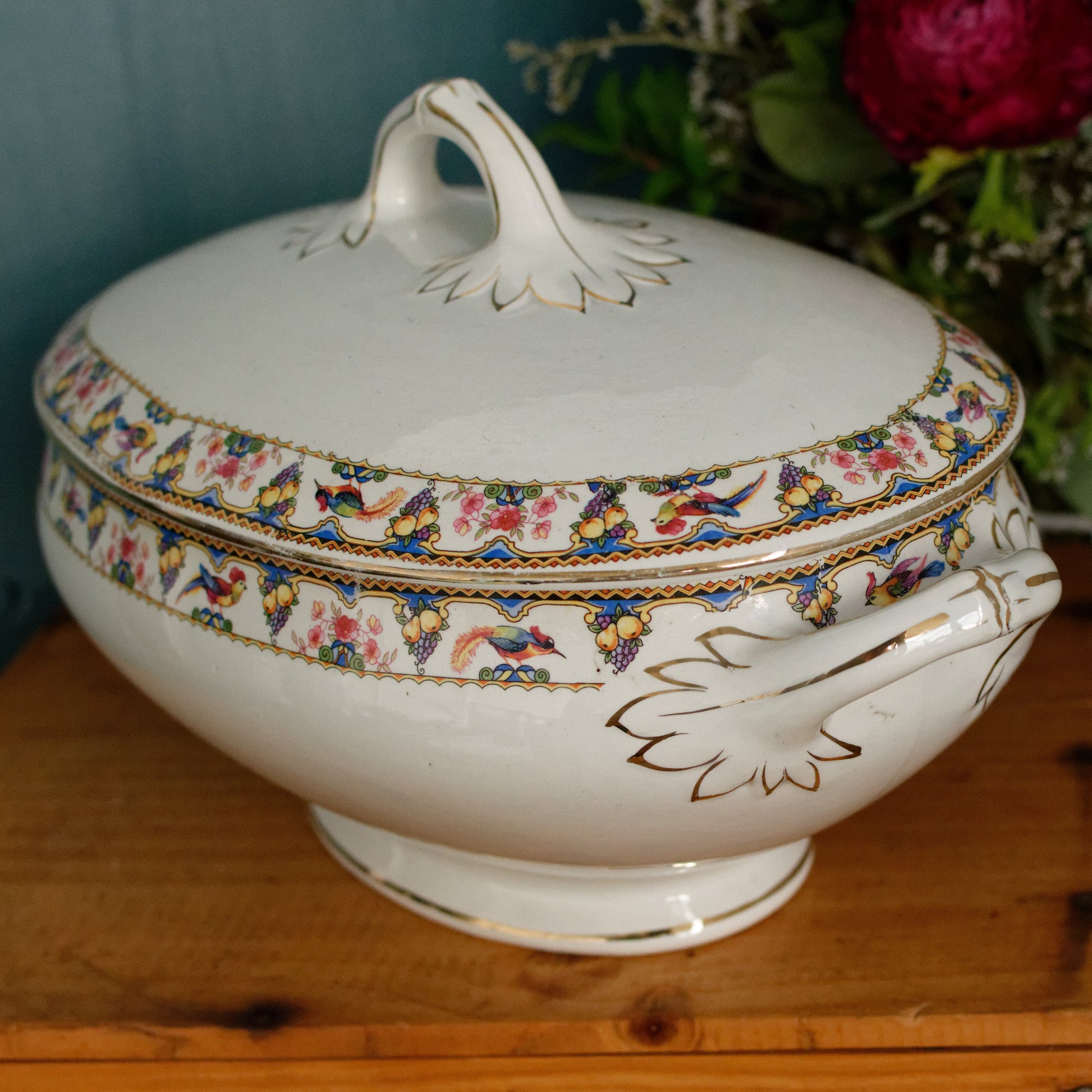 SARREGUEMINES Birds & Fruit French Antique Ironstone Soup Tureen Soupiere Terre de Fer Faience